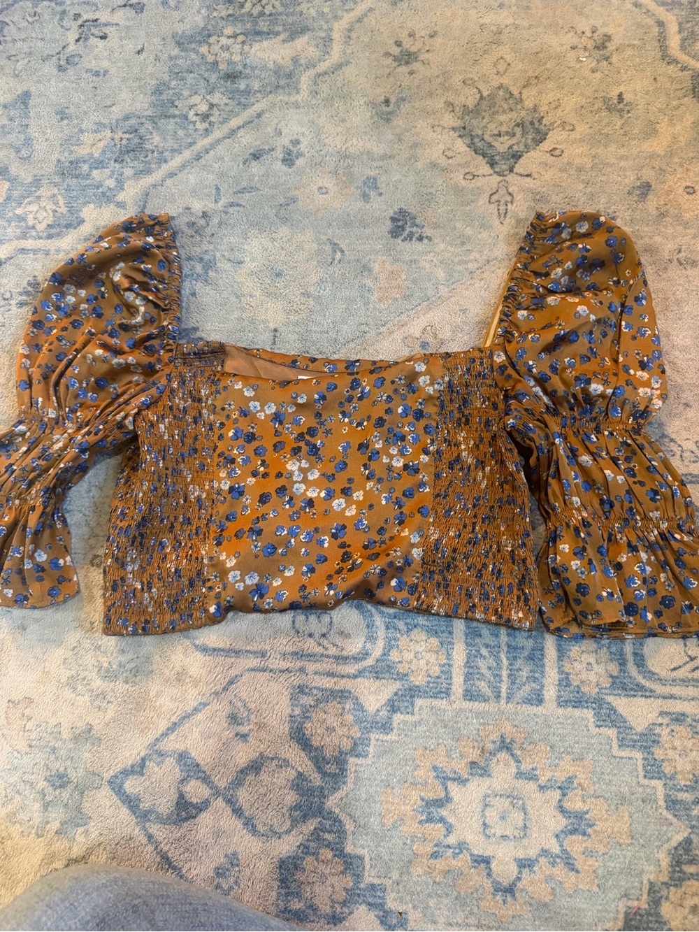 vestique Rust Floral Puff-Sleeve Smocked Crop Top